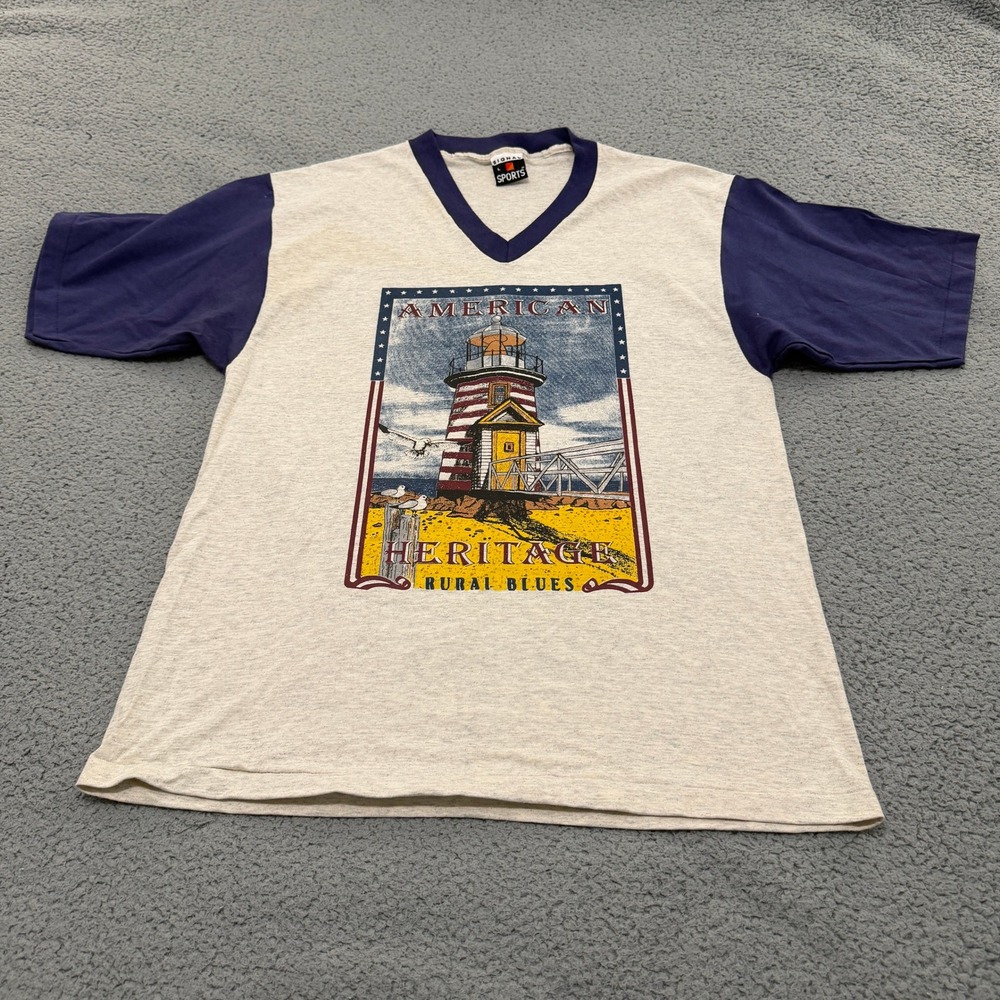 Vintage Signal Sports 90s American Heritage Lighthouse V-Neck T-Shirt Large USA